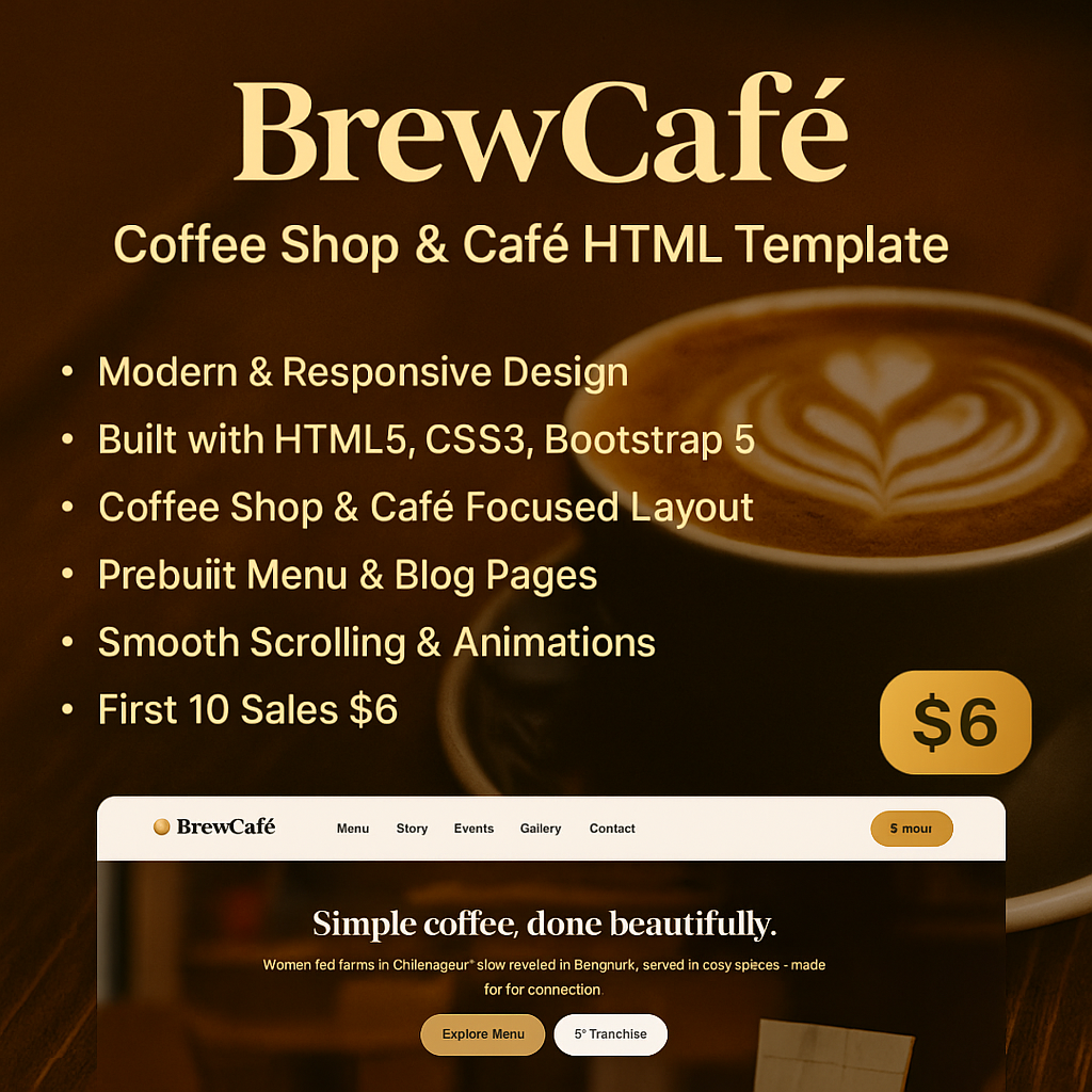 BrewCafe – Coffee Shop, Cafe, Restaurant & Bakery HTML Template